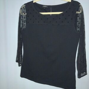 Talbots black knit blouse sheer Swiss dot yoke & 3/4 sleeves Sz S keyhole back